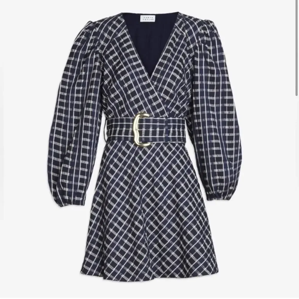 NWT Tanya Taylor Nicola Puff-Sleeve Belted Check Mini Dress - Picture 4 of 10